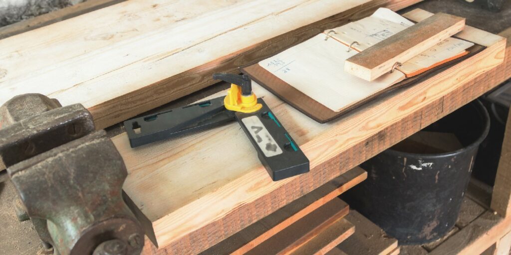 Carpenter tools, wood planks, clamp, notebook on a rusty table