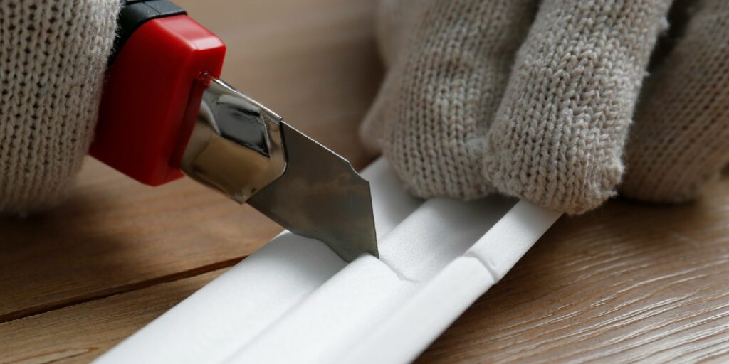 Worker cutting foam crown molding with utility knife at wooden table, closeup